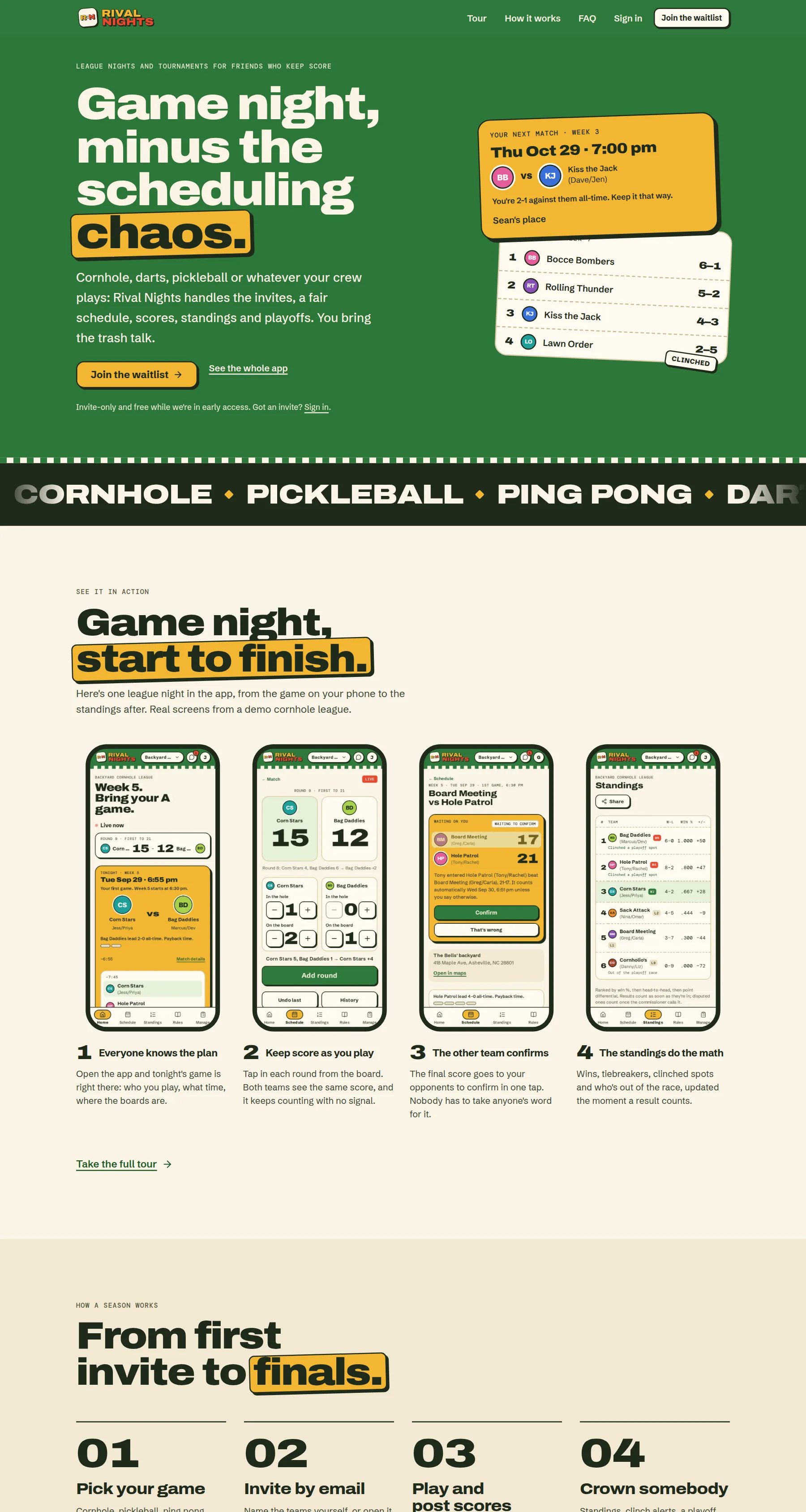 The live Rival Nights site: game-night hero, a league night in the app, and how a season works