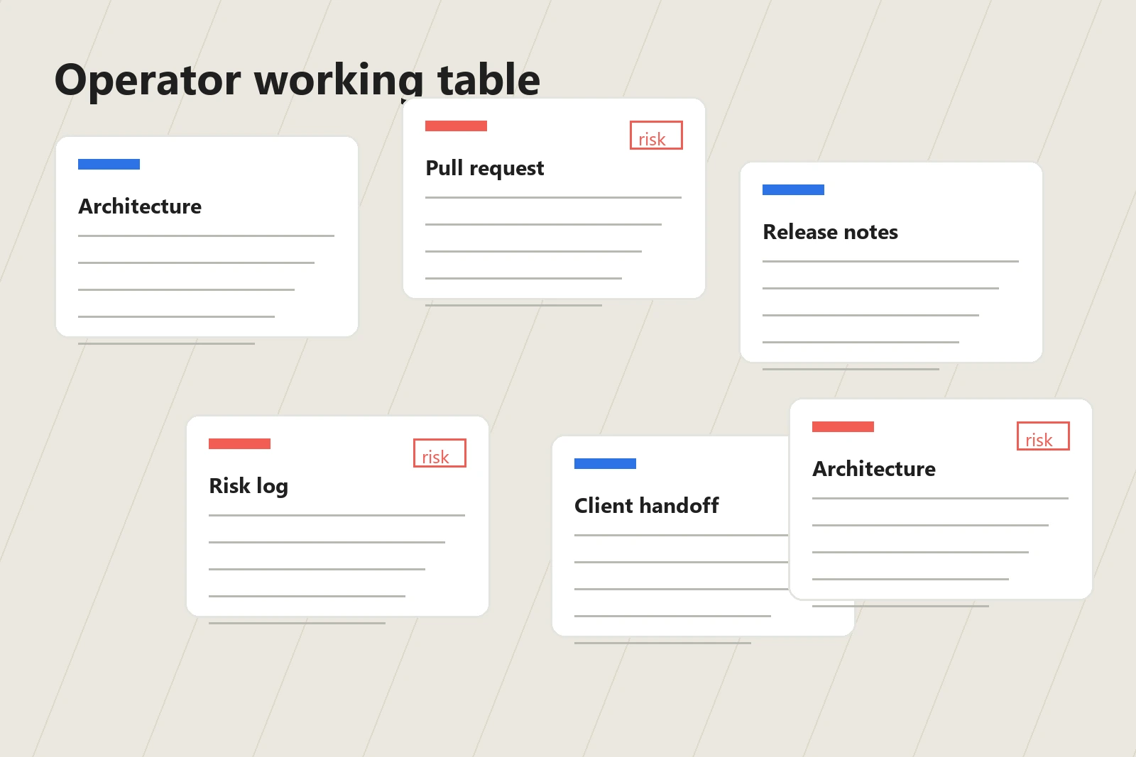 Working table with architecture sketches, pull requests, release notes, and risk tracking