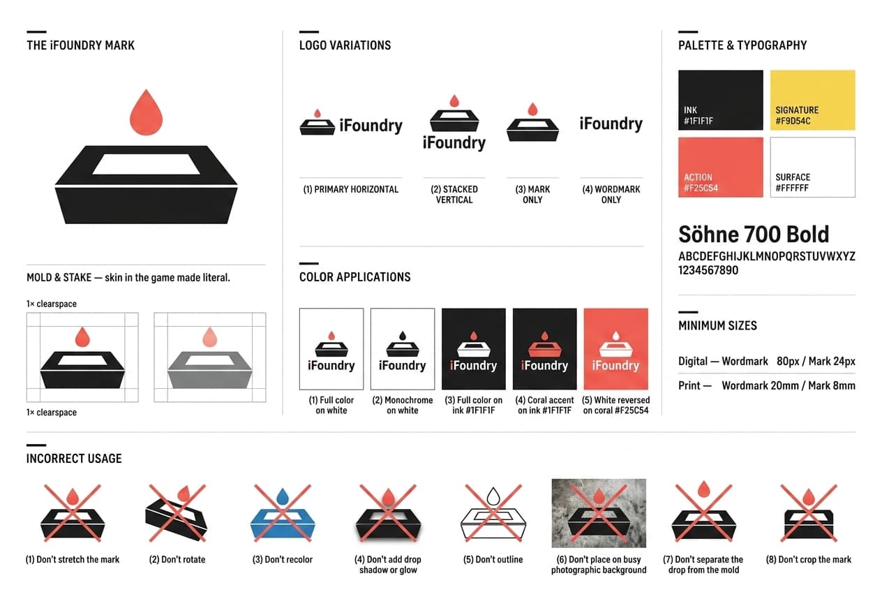 iFoundry logo design sheet showing the mark, colors, and usage examples
